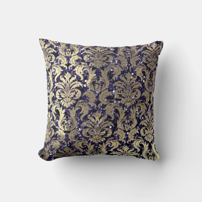 Damask Sepia Gold Metallic Blue Navy Glitzer Kissen (Vorderseite)