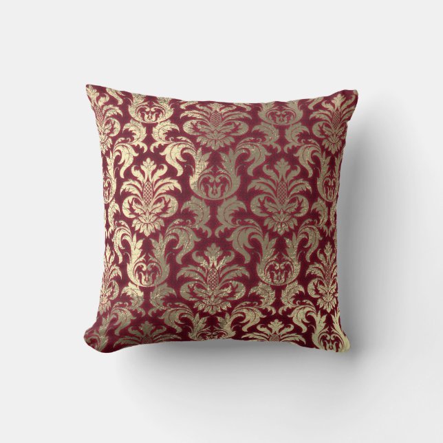 Damask Sepia Gold Metallic Burgundy Velvet Kissen (Vorderseite)