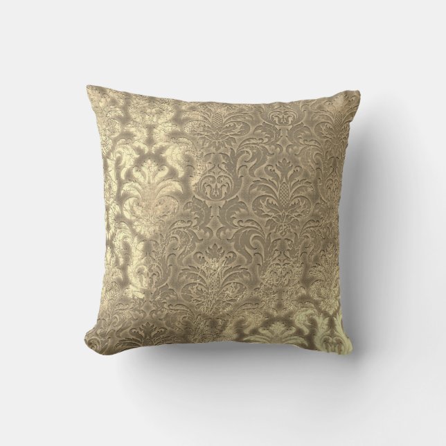 Damask Sepia Gold Metallischer Velvet-Effekt Kissen (Vorderseite)