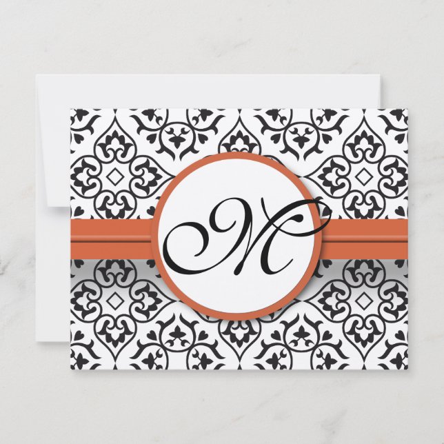 Damask Side Borders Orange Trim Wedding RSVP Karte (Vorderseite)