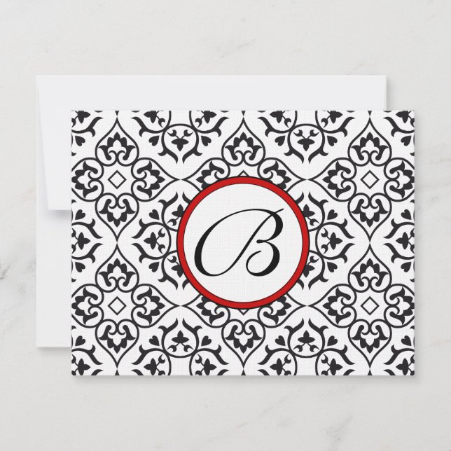 Damask Side Borders Red Trim Wedding RSVP (Vorderseite)