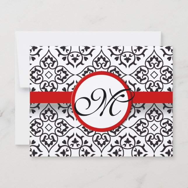 Damask Side Borders Red Trim Wedding RSVP (Vorderseite)