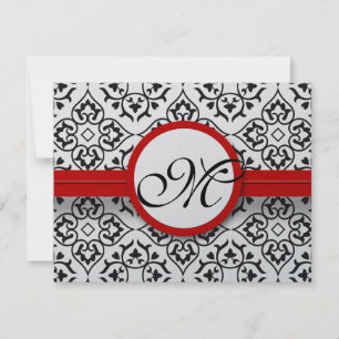 Damask Side Borders Red Trim Wedding RSVP Karte