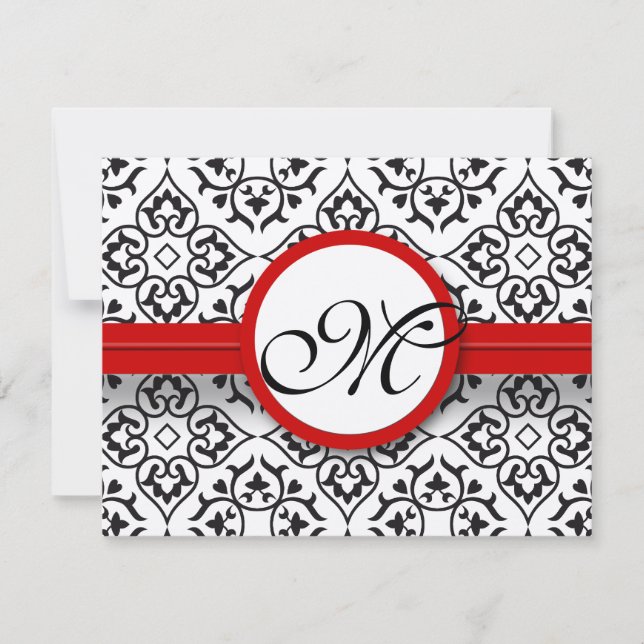 Damask Side Borders Red Trim Wedding RSVP Karte (Vorderseite)
