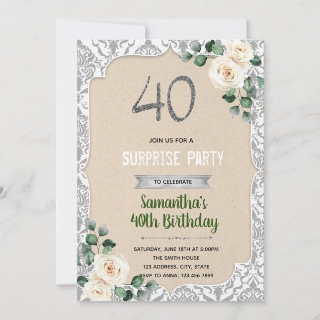 Damask silber 40. Geburtstag Einladung (Vorderseite)