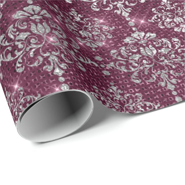 Damask Silver Gray Royal Burgundy Beet Funkelnd Geschenkpapier (Rolleneckpunkt)