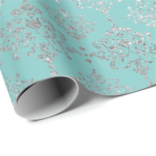 Damask Silver Gray Royal Metallic Aqua Blu Geschenkpapier