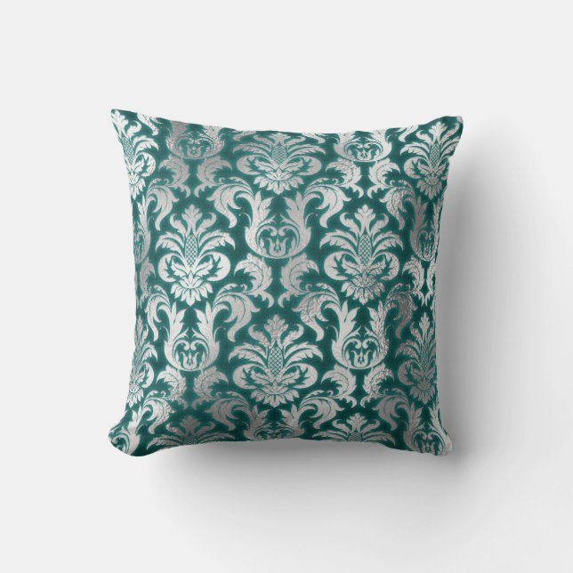 Damask Silver Grey Metallic Aquamariner Velvet-Eff Kissen (Vorderseite)
