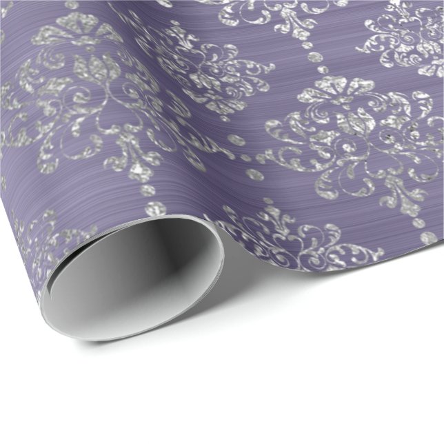 Damask Silver Lila Plum Royal Ornament Formal Geschenkpapier (Rolleneckpunkt)