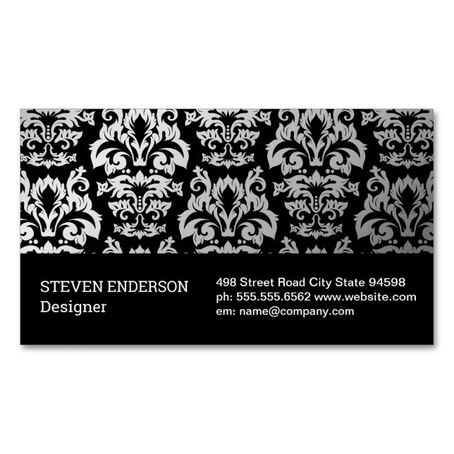 Damask Silver Metallic Muster schwarzer Hintergrun Magnetische Visitenkarte (Vorderseite)
