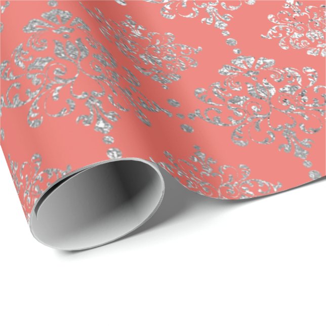Damask Silver Royal Metallic Coral Hütte Geschenkpapier (Rolleneckpunkt)