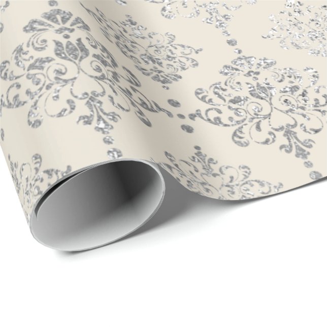 Damask Silver Royal Metallic Ivory Hütte Geschenkpapier (Rolleneckpunkt)