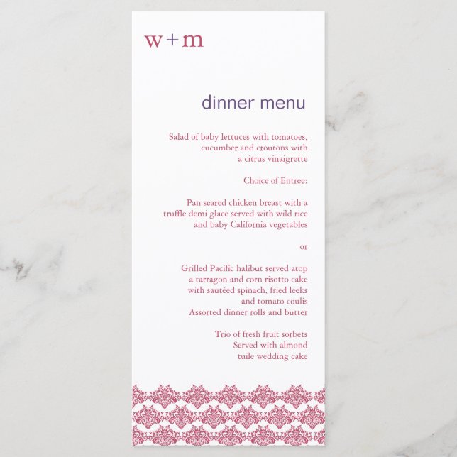 Damask Simplicity Berry Purple Menu Mariage (Devant)