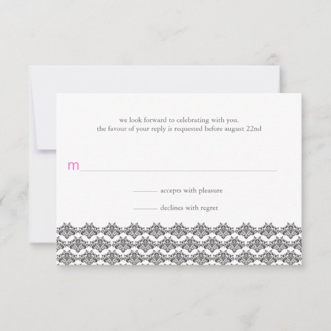 Damask Simplizität Black Pink Hochzeitsreaktion RSVP Karte (Vorderseite)