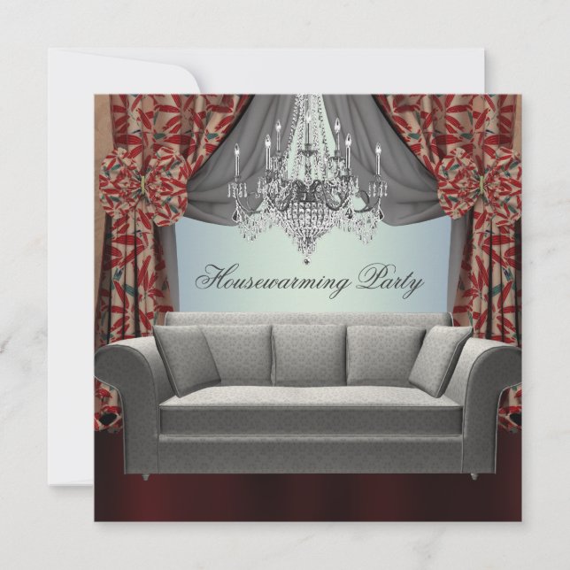 Damask Sofa Chandelier Housewarming Party Einladung (Vorderseite)