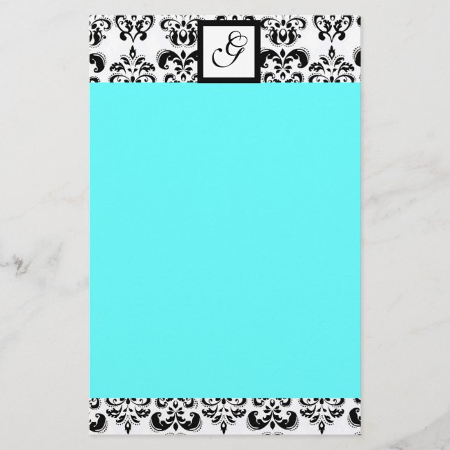 DAMASK SQUARE MONOGRAMM, blaue Turquase Briefpapier (Vorderseite)