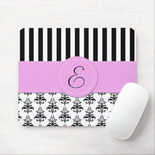 Damask, Streifen, schwarz und weiß, Monogramm Mousepad