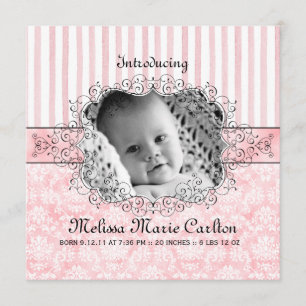 Damask & Stripe Baby Girl Faire-part de naissance