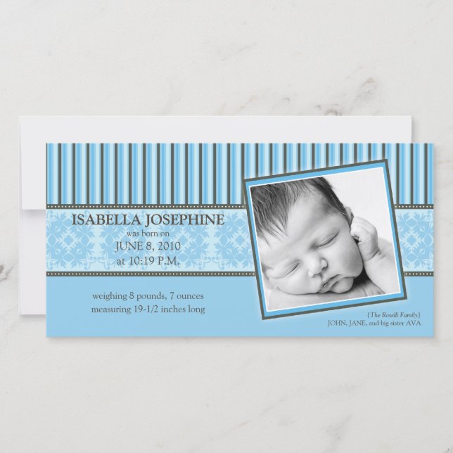 Damask & Stripes Blue Birth Ankündigung (Vorderseite)