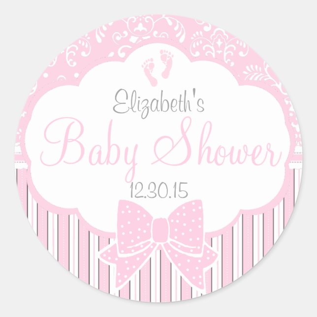 Damask, Stripes Footprints Rosa Babydusche Runder Aufkleber (Vorderseite)