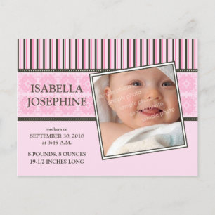 Damask & Stripes Pink Baby Geburtsankündigung Ankündigungspostkarte