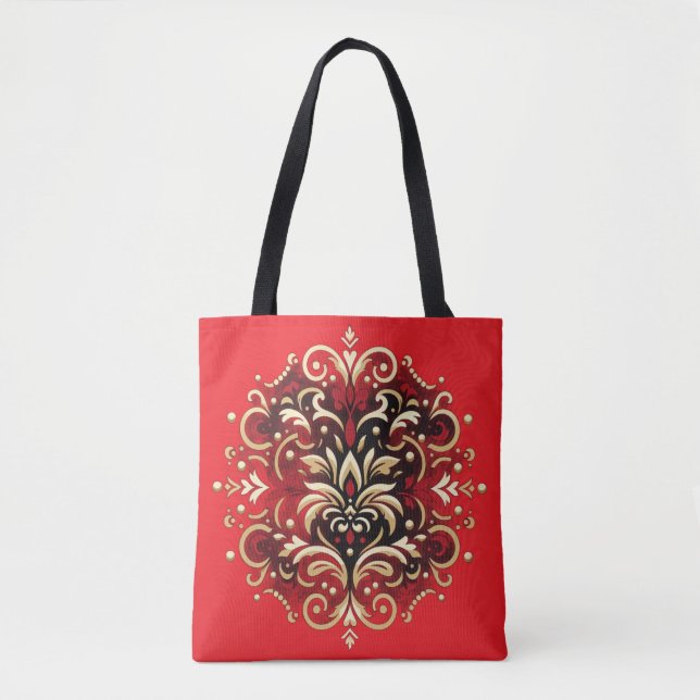 Damask Style in Rot, Gold und Schwarz Tasche (Vorderseite)