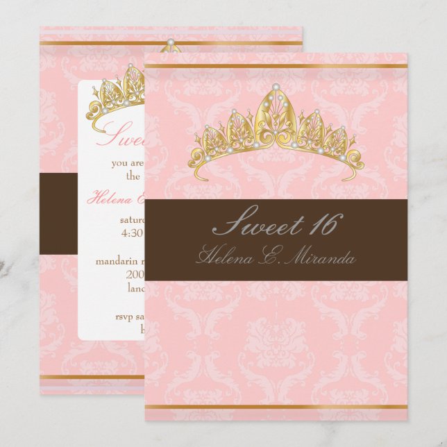 DAMASK SWEET 16/TIARA/PINK/CHOCOLAT EINLADUNG (Vorne/Hinten)