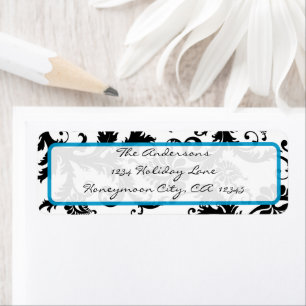 Damask Swirl Bright Aqua & Black Étiquette de adre