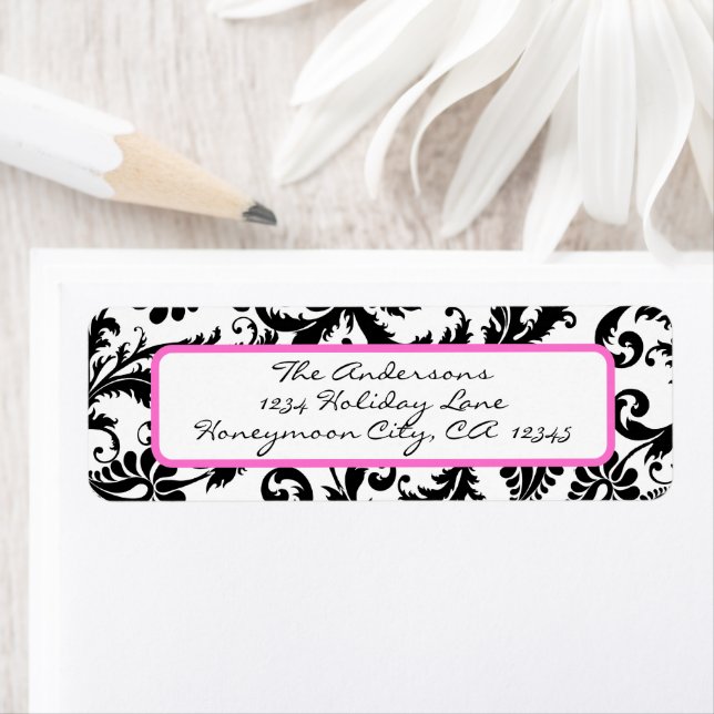 Damask Swirl Bright Pink & Black Address Label (Insitu)