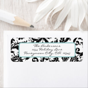 Damask Swirl Light Aqua & Black Étiquette de adres
