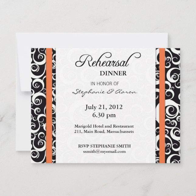 Damask Swirl Probe Dinner Card in Orange Einladung (Vorderseite)