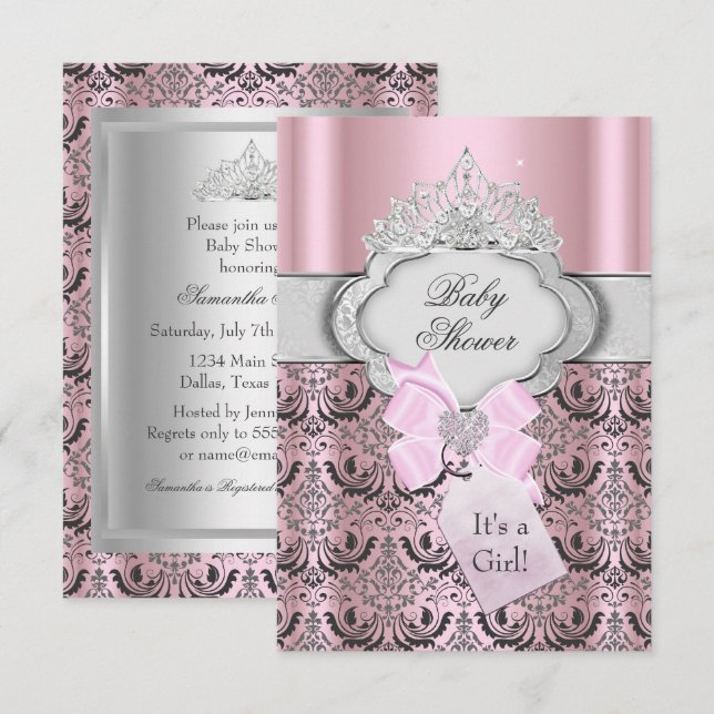 Damask & Tiara Princess Kinderdusche Einladung (Vorne/Hinten)