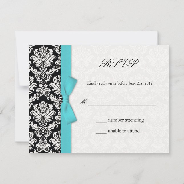 Damask Turquoise Bow Wedding RSVP Card Karte (Vorderseite)