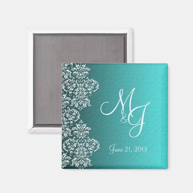 Damask Turquoise Wedding Magnet (Vorderseite/Rückseite)