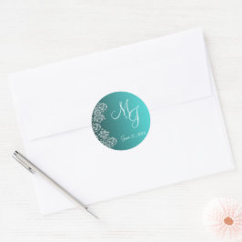 Damask Turquoise Wedding Round Stickers