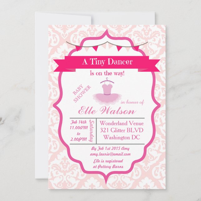 Damask Tutu Ballerina Baby Shower Invitations Aqua Einladung (Vorderseite)