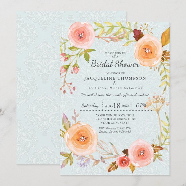 Damask Typografy Blue n Pink Floral Wreath Bridal Einladung (Vorne/Hinten)