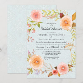 Damask Typografy Blue n Pink Floral Wreath Bridal Einladung