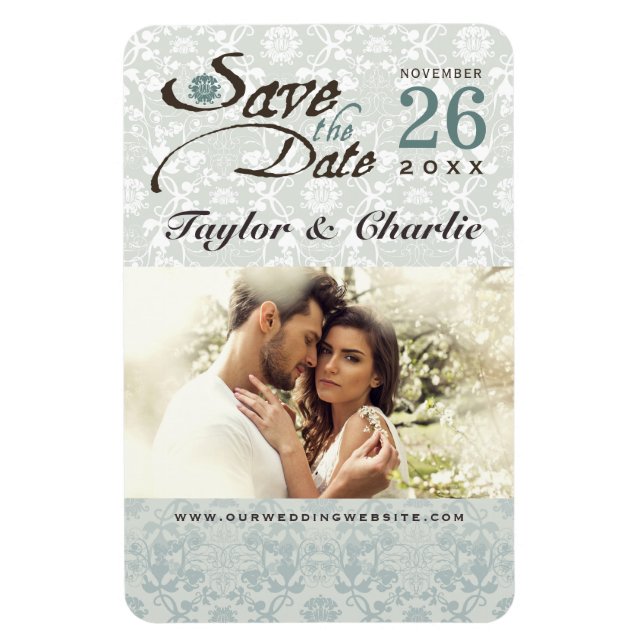 Damask Vintag Lace Save the Date Foto Magnet (Vertikal)