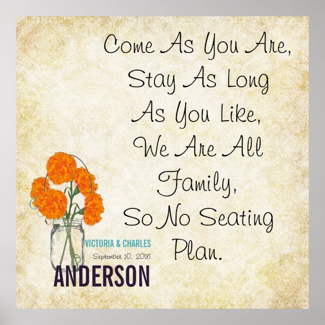 Damask Vintag-moderne Mason-JAR-Sitzkarte Poster (Vorne)