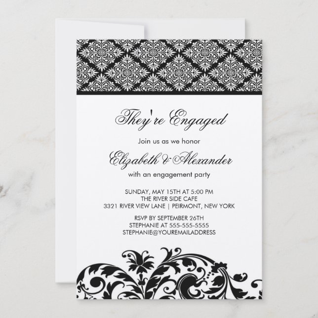 Damask Vintage Engagement Party Einladung Black (Vorderseite)