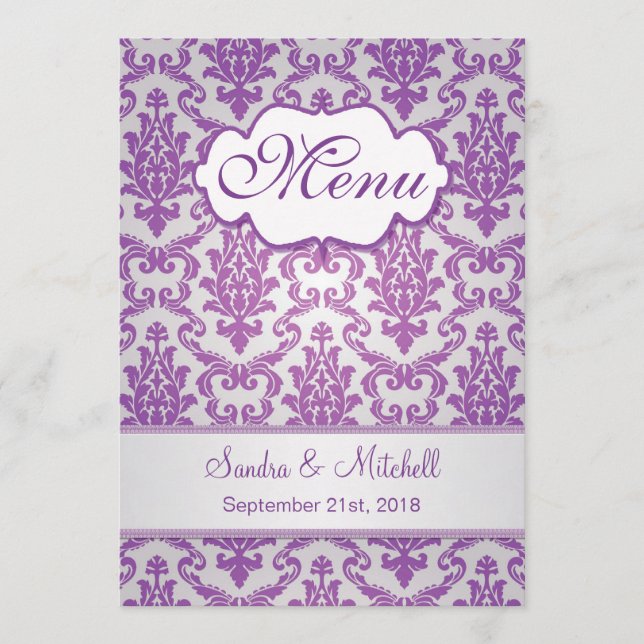 Damask violet sur le Mariage argenté Menu (Devant)