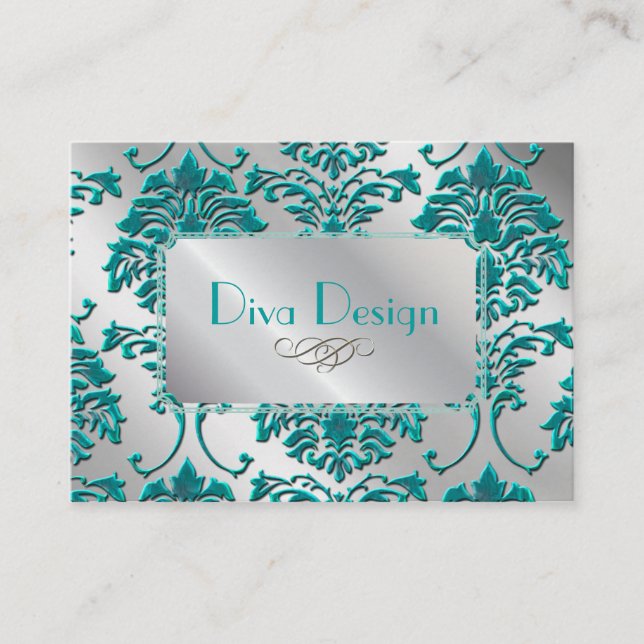 Damask Visitenkarte in aquamarinem Grün auf Silber (Vorderseite)