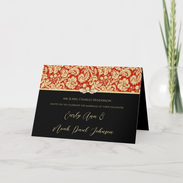 Damask Wedding Einladung Rot und Schwarz (Vorderseite)