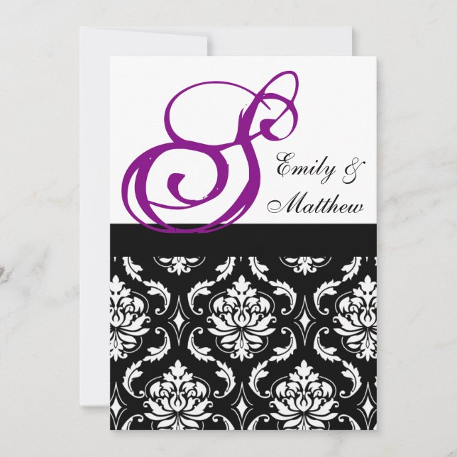 Damask Wedding Einladungen Lila Monogramme (Vorderseite)