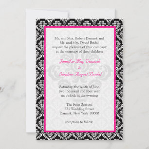 Damask Wedding Elegante Template Schwarz-weiß rosa Einladung