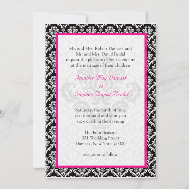 Damask Wedding Elegante Template Schwarz-weiß rosa Einladung (Vorderseite)
