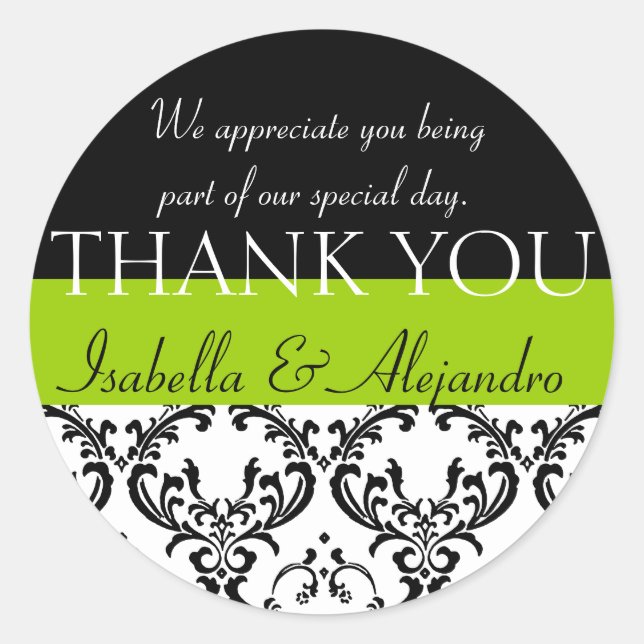 Damask Wedding Gefallen Vielen Dank Label Green Runder Aufkleber (Vorderseite)