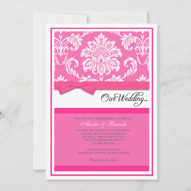 Damask Wedding Invitation in Fuchsia Einladung (Vorderseite)