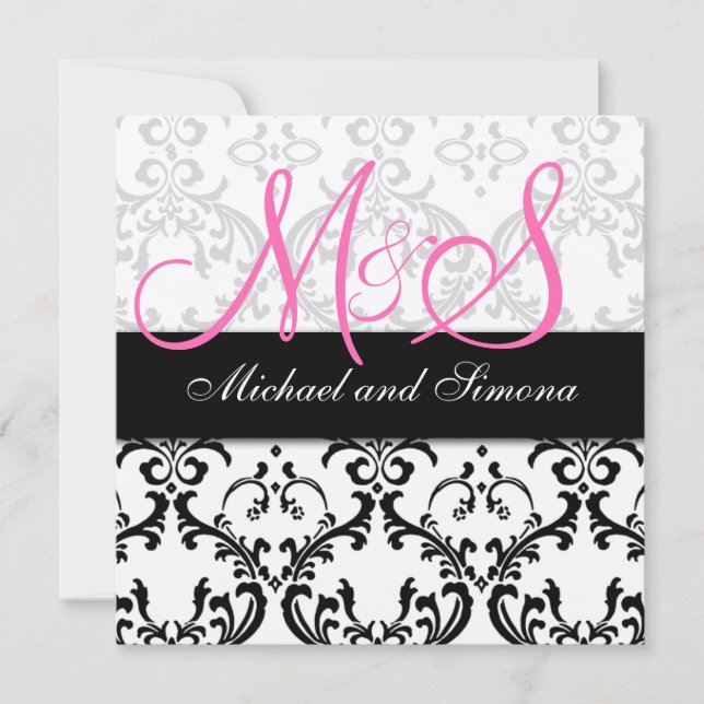Damask Wedding Invitation Initials Names Pink Einladung (Vorderseite)